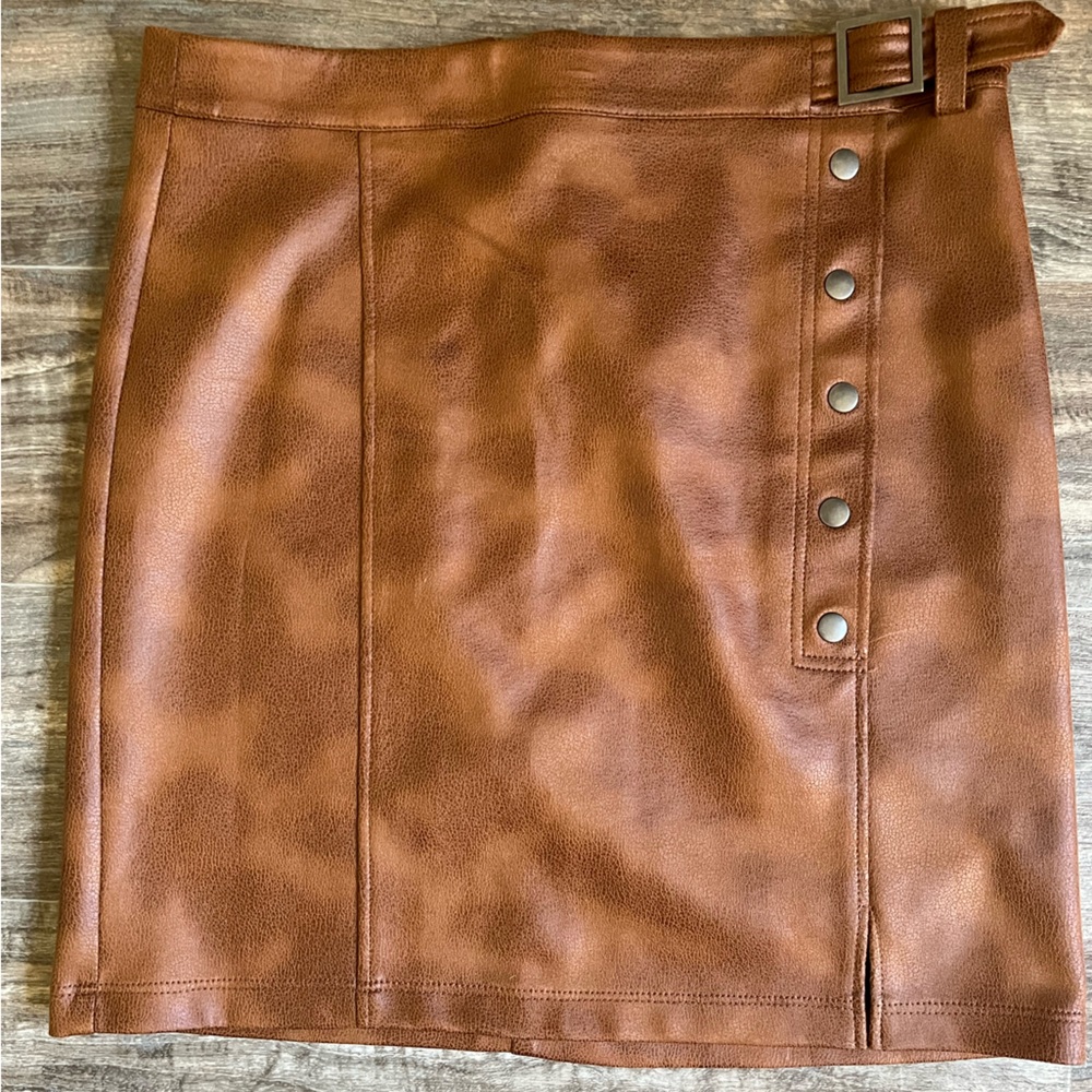 Brown Faux Leather Skirt with Button Detail